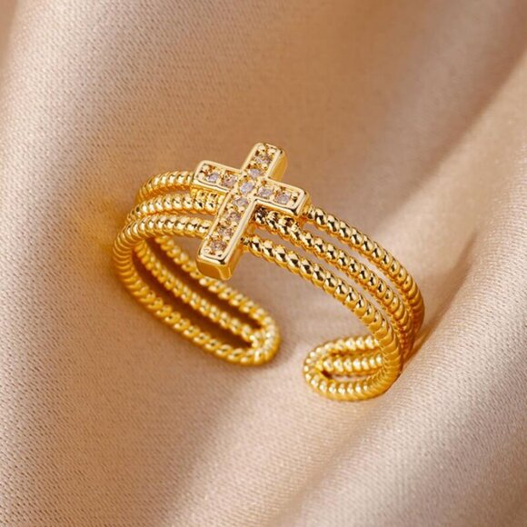 3/$35 18K Gold Plated Cubic Zirconia Cross 3 Rows Open Ring Copper Jewelry - Picture 1 of 6